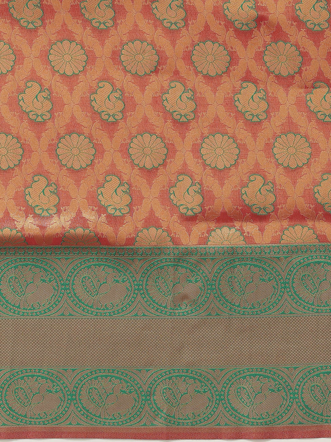 Red & Green Gold Zari Embellished Peacock Motifs Banarasi Silk Saree