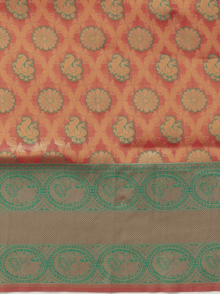 Red & Green Gold Zari Embellished Peacock Motifs Banarasi Silk Saree