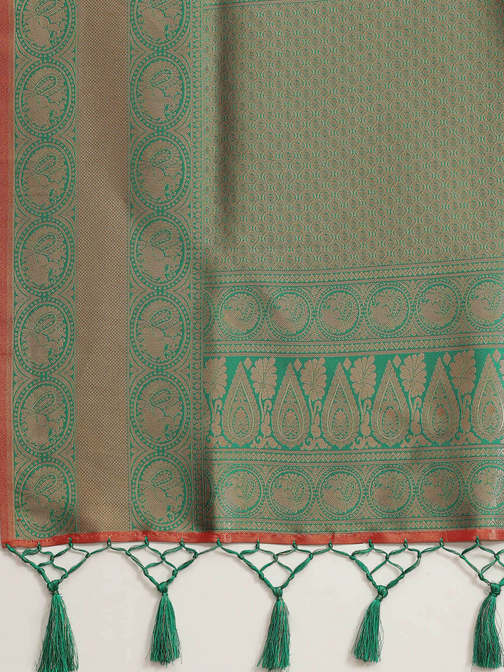 Red & Green Gold Zari Embellished Peacock Motifs Banarasi Silk Saree