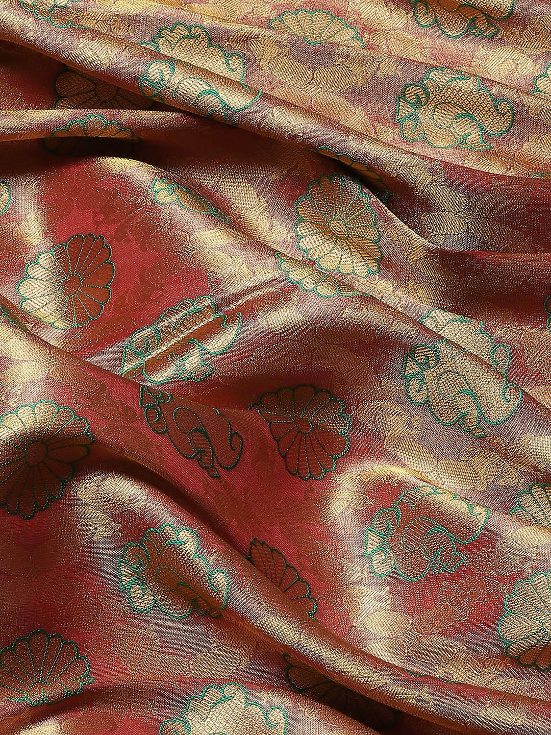 Red & Green Gold Zari Embellished Peacock Motifs Banarasi Silk Saree