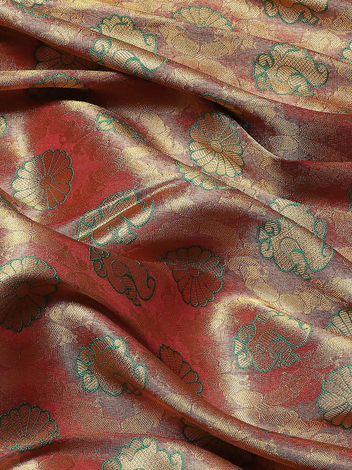 Red & Green Gold Zari Embellished Peacock Motifs Banarasi Silk Saree