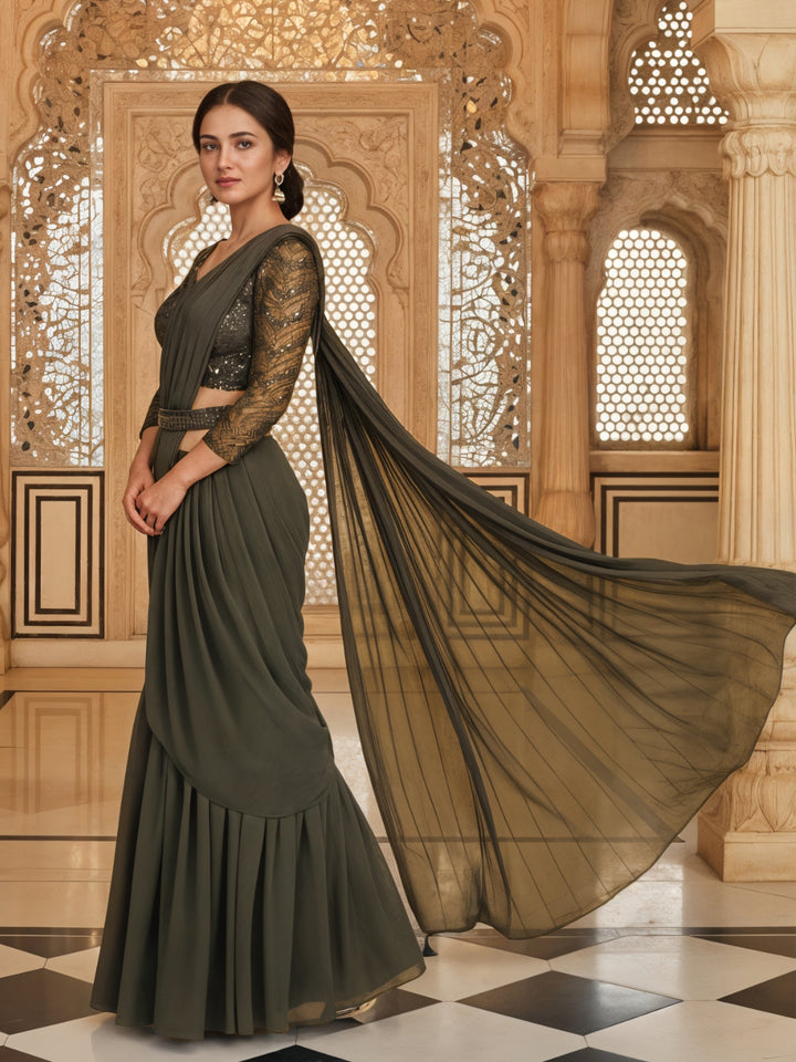 Indo-Western Pre-Draped Pallazo Saree with Sequinned Embroidered Blouse & Belt