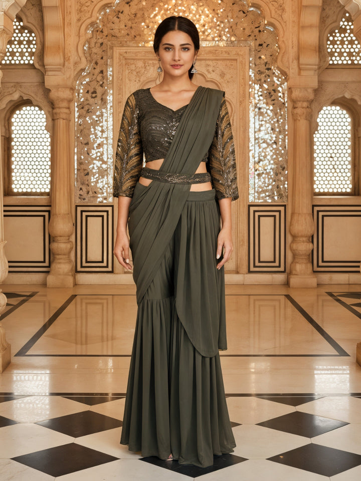 Indo-Western Pre-Draped Pallazo Saree with Sequinned Embroidered Blouse & Belt
