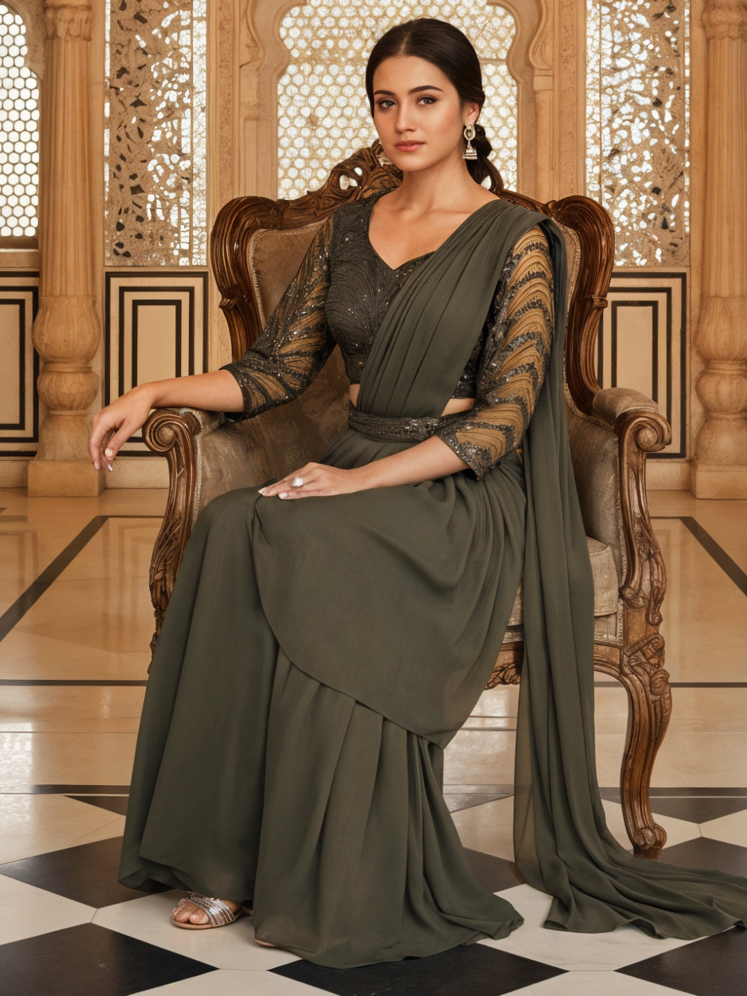 Indo-Western Pre-Draped Pallazo Saree with Sequinned Embroidered Blouse & Belt