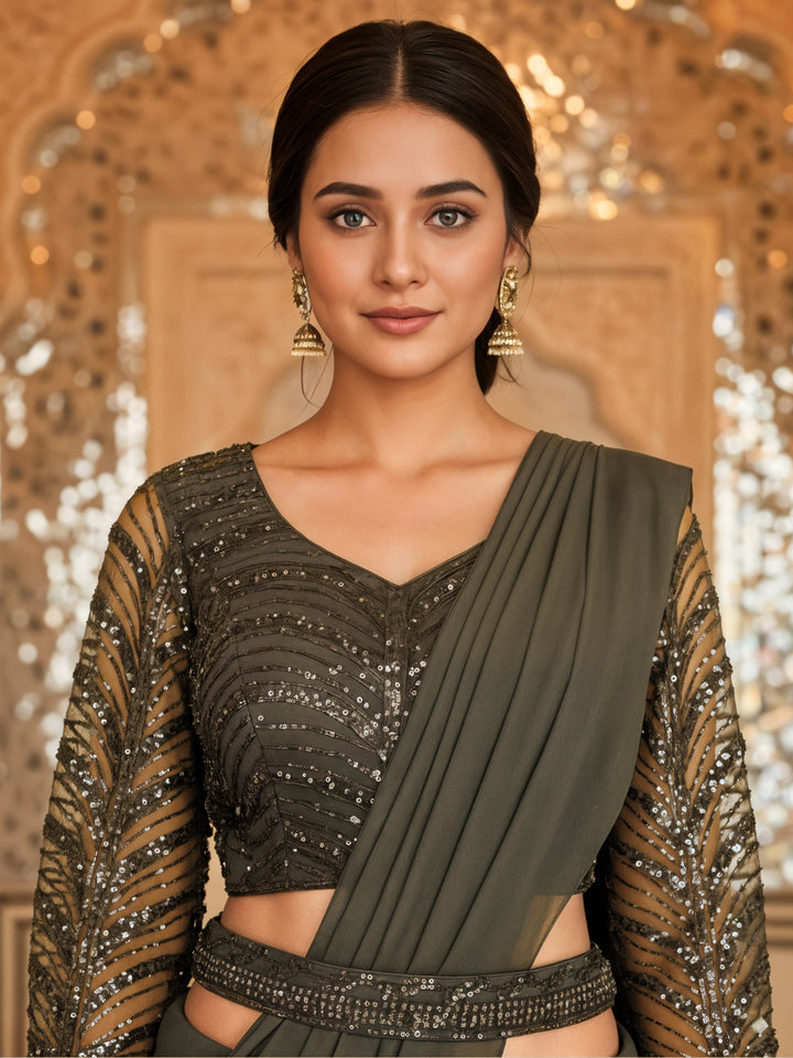 Indo-Western Pre-Draped Pallazo Saree with Sequinned Embroidered Blouse & Belt