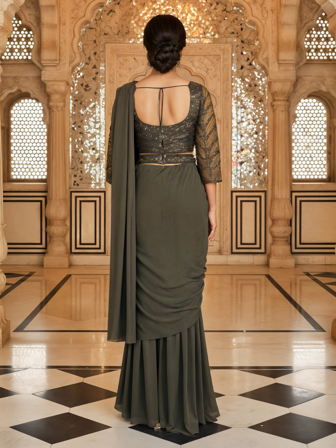 Indo-Western Pre-Draped Pallazo Saree with Sequinned Embroidered Blouse & Belt