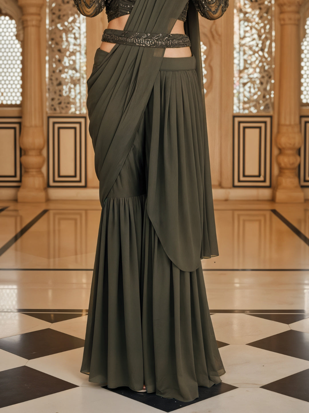 Indo-Western Pre-Draped Pallazo Saree with Sequinned Embroidered Blouse & Belt