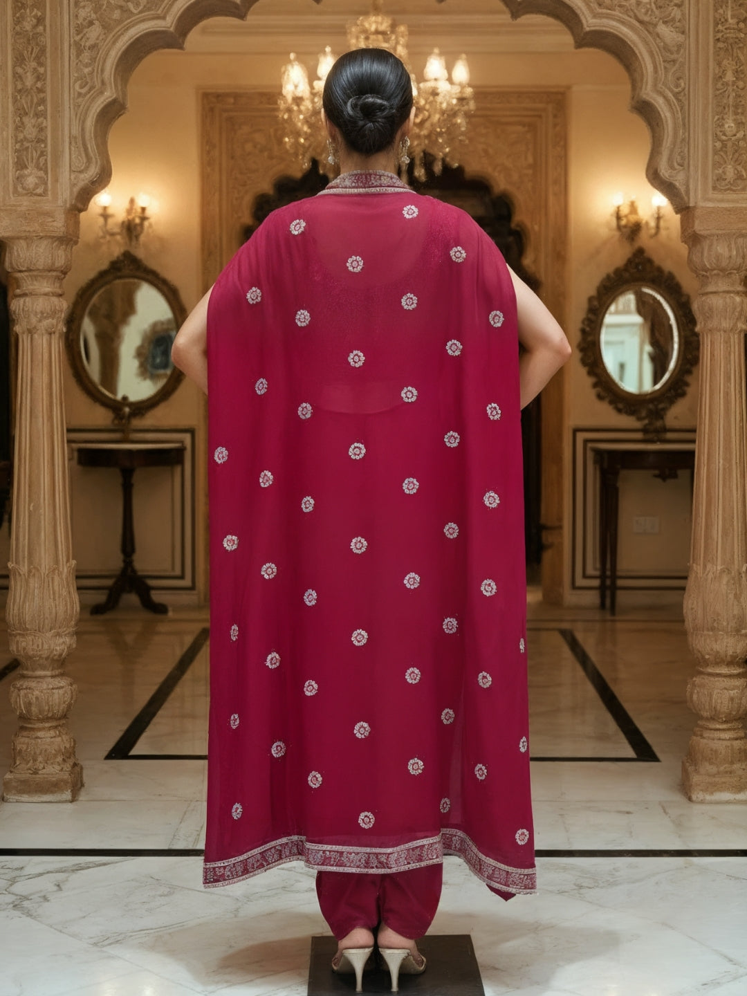 Floral Embroidery Indo-Western Set with Sequinned Shrug, Scalloping & Pleated Dhoti Skirt