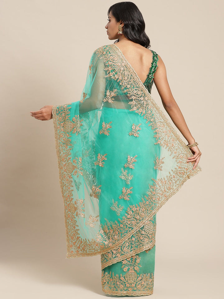 Teal Satrangi Green Net Fancy Zari and crystal Embellished Saree With Resham Embroidery