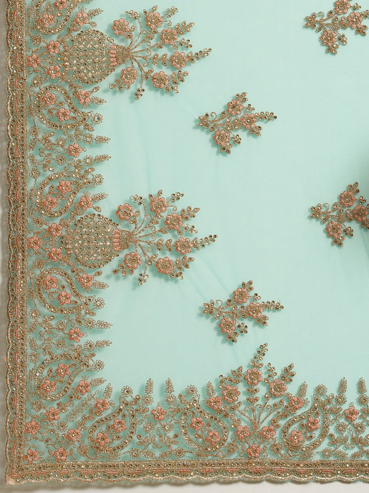 Teal Satrangi Green Net Fancy Zari and crystal Embellished Saree With Resham Embroidery