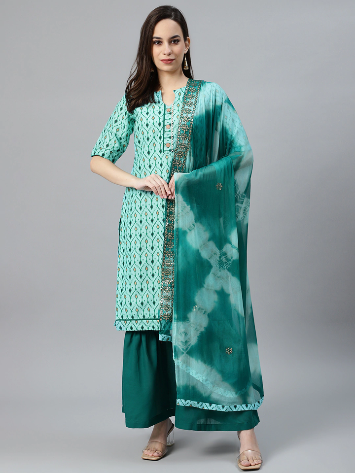 Ikat Inspired Cotton Stitched Kurta Sharara Set With Chiffon Gotta Patti Dupatta