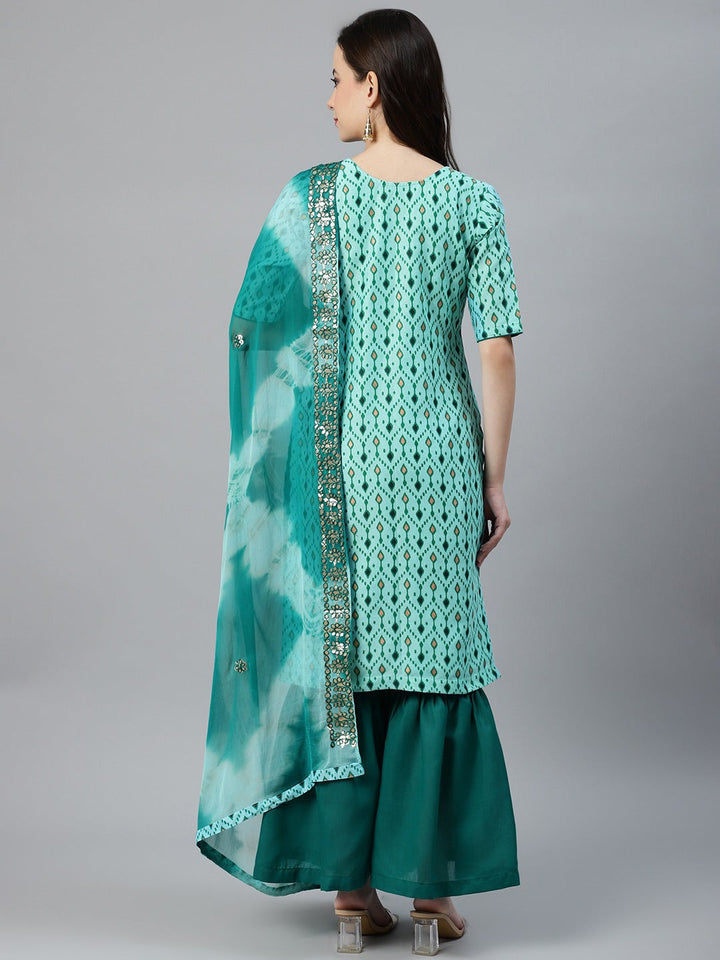 Ikat Inspired Cotton Stitched Kurta Sharara Set With Chiffon Gotta Patti Dupatta