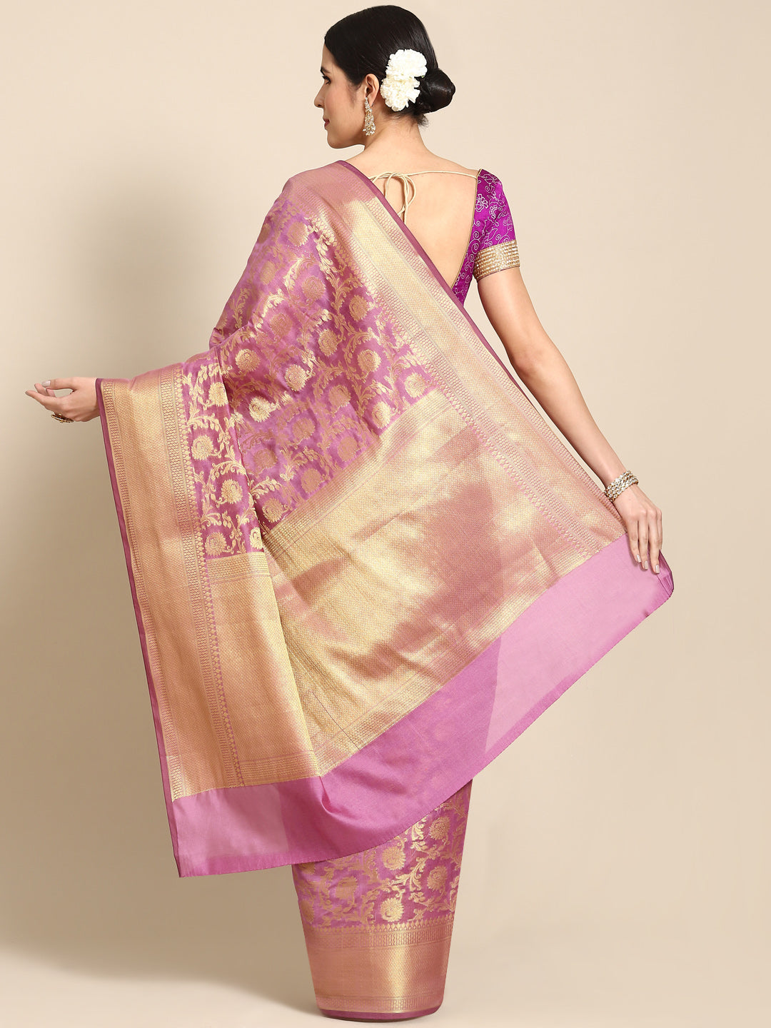 Violet Banarasi Floral Jaal Zari Woven Embroidered Silk Saree