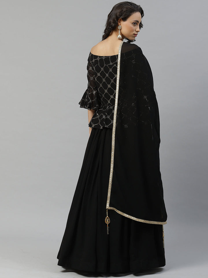 Made to Measure Black Georgette Mukaish Work Lehenga Set with Frilled Blouse & Dupatta