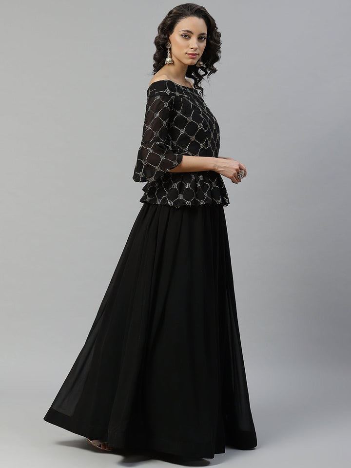 Made to Measure Black Georgette Mukaish Work Lehenga Set with Frilled Blouse & Dupatta