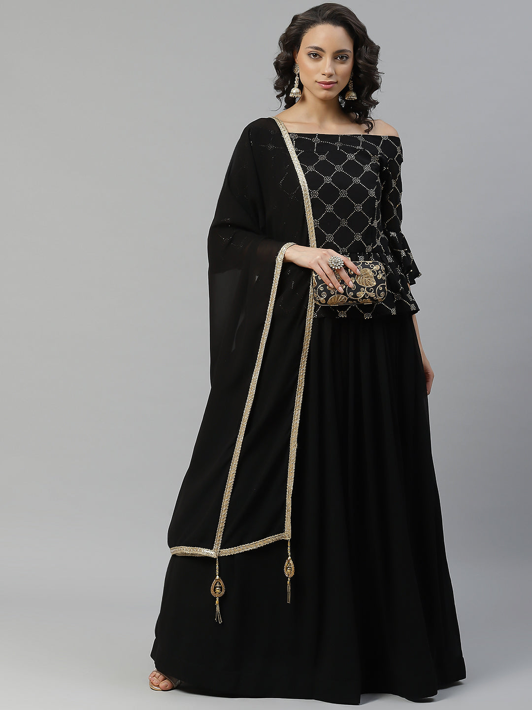 Made to Measure Black Georgette Mukaish Work Lehenga Set with Frilled Blouse & Dupatta