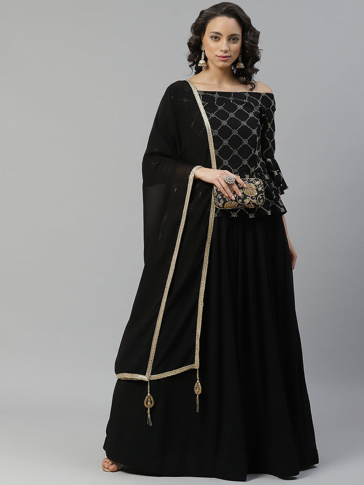 Made to Measure Black Georgette Mukaish Work Lehenga Set with Frilled Blouse & Dupatta