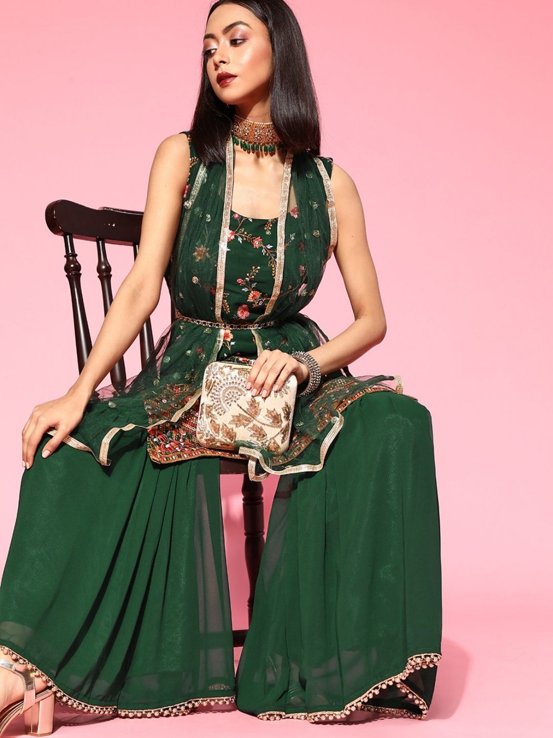 Made to Measure Resham Mirror Embroidery Sharara Suit Set & Beads Embellished Dupatta
