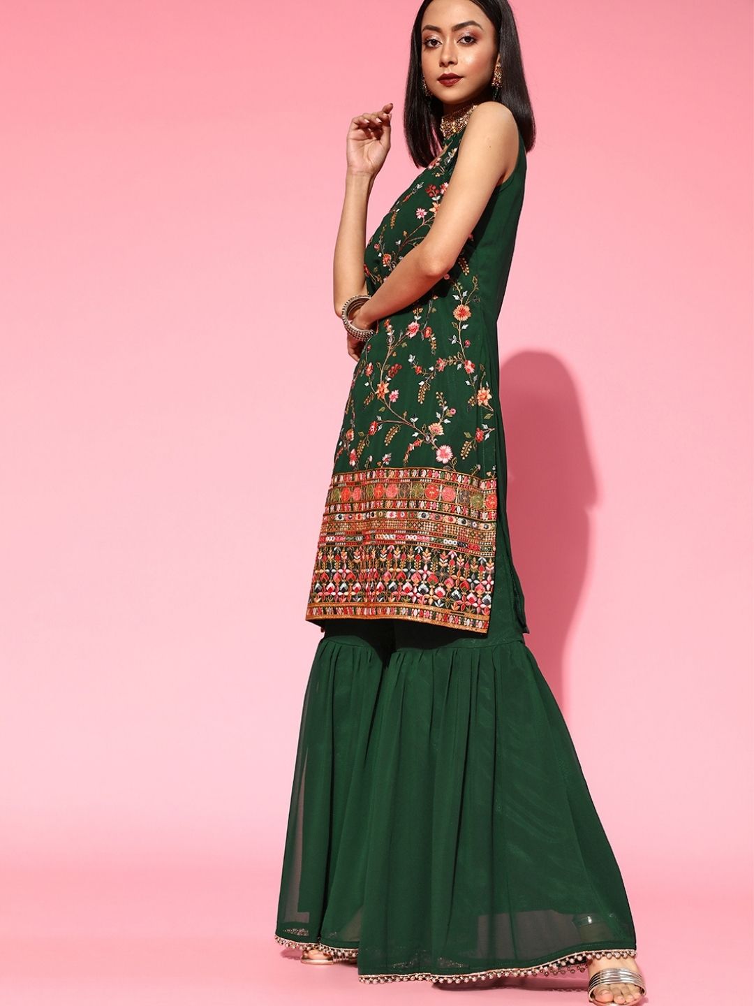 Made to Measure Resham Mirror Embroidery Sharara Suit Set & Beads Embellished Dupatta