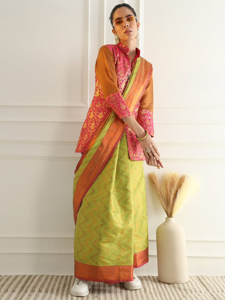 Bright Green Zari Woven Embellished Silk Traditional Saree