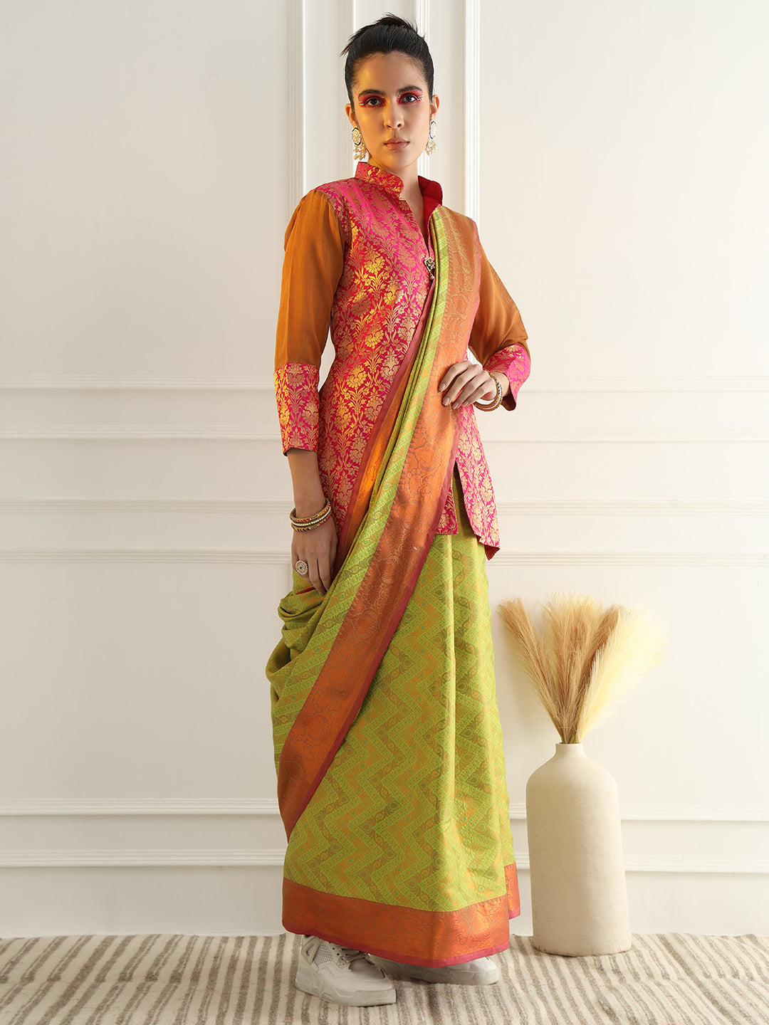 Bright Green Zari Woven Embellished Silk Traditional Saree