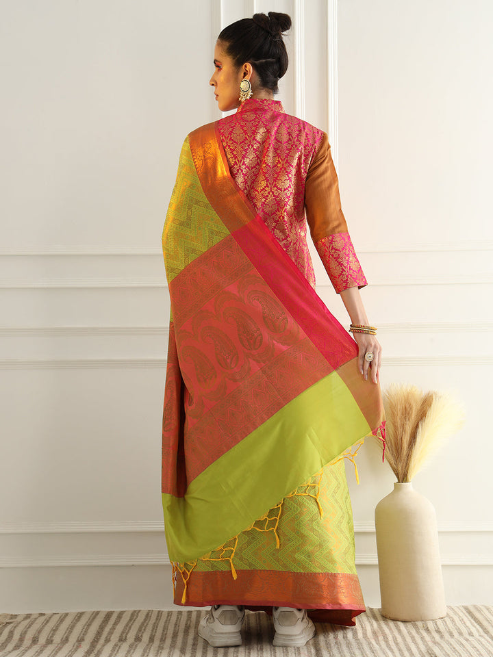 Bright Green Zari Woven Embellished Silk Traditional Saree