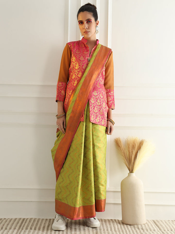 Bright Green Zari Woven Embellished Silk Traditional Saree
