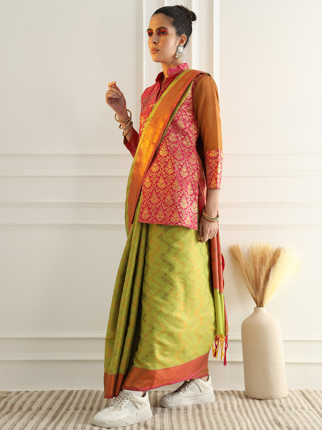 Bright Green Zari Woven Embellished Silk Traditional Saree