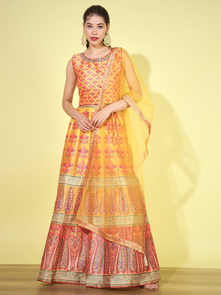 Mustard Yellow Crop Top Lehenga Set with Net Dupatta