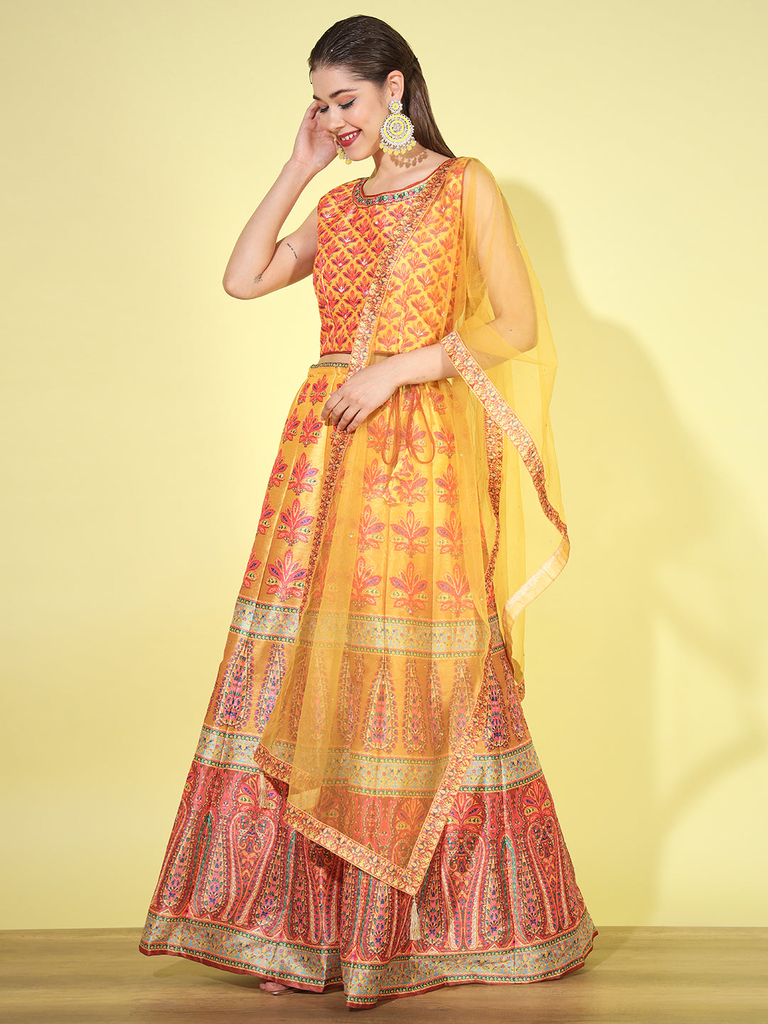 Mustard Yellow Crop Top Lehenga Set with Net Dupatta