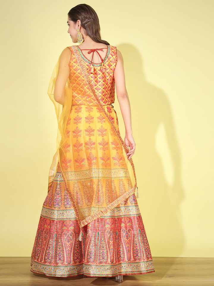 Mustard Yellow Crop Top Lehenga Set with Net Dupatta