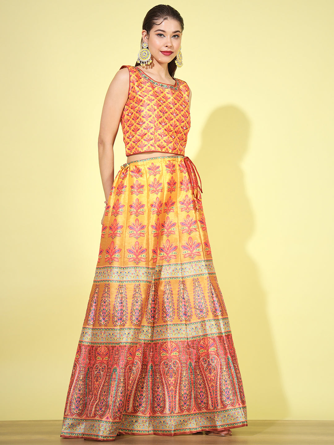 Mustard Yellow Crop Top Lehenga Set with Net Dupatta