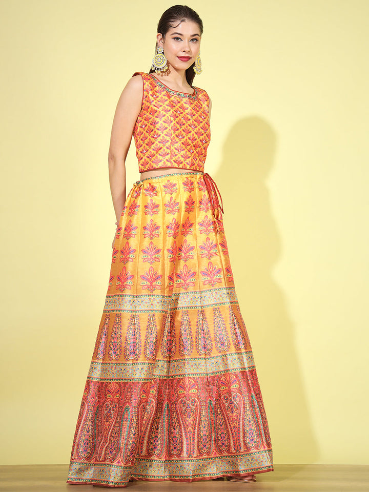 Mustard Yellow Crop Top Lehenga Set with Net Dupatta