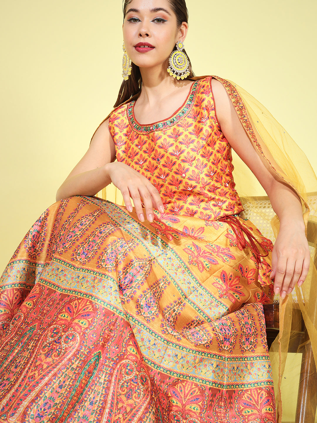 Mustard Yellow Crop Top Lehenga Set with Net Dupatta