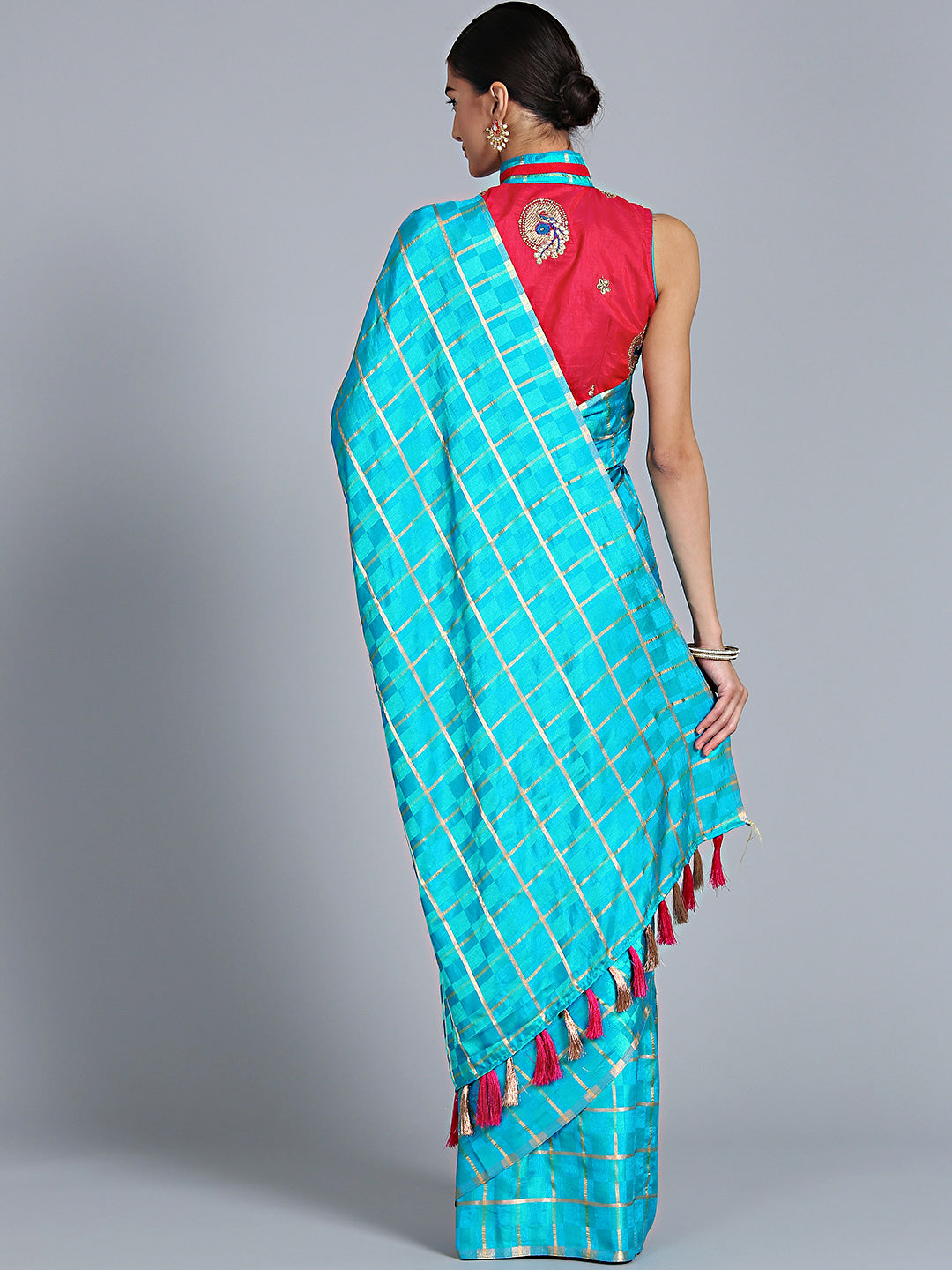 Checkered Gharchola style Saree with Peacock Embroidered Blouse