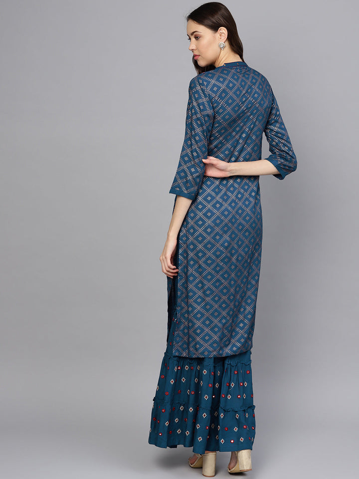 Foil Print Kurta Set With Mirror Embellishments