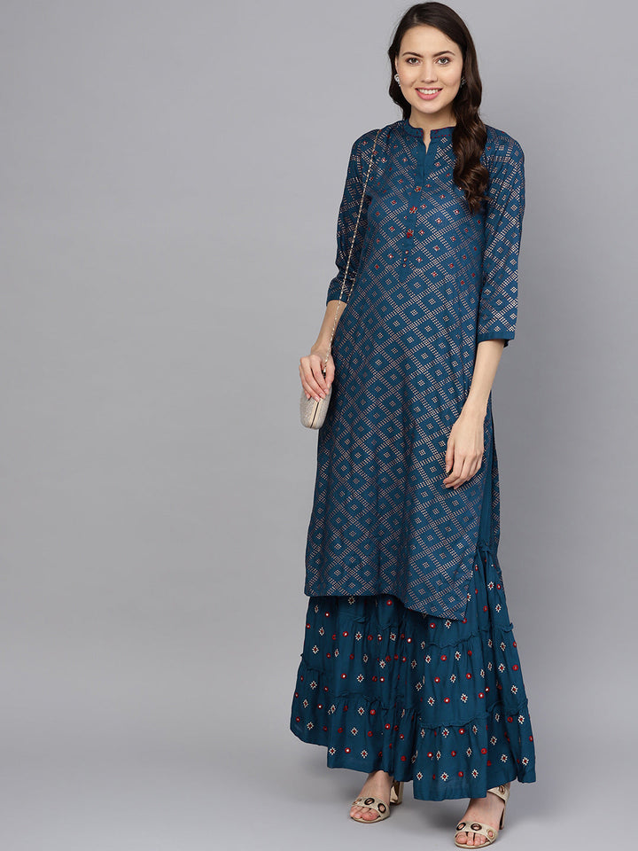 Foil Print Kurta Set With Mirror Embellishments