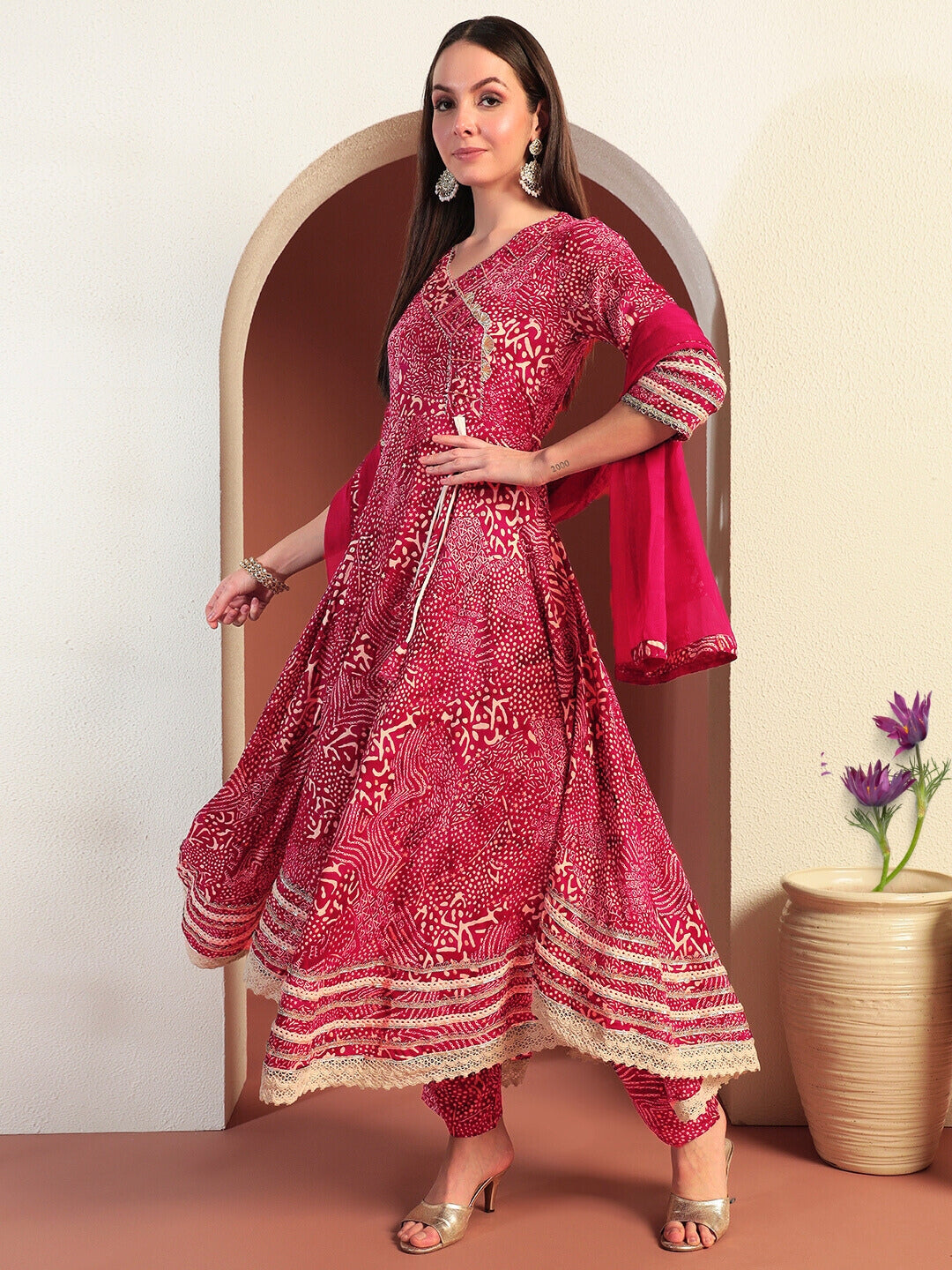 Chhabra 555 Bandhej Print Gota Patti Embellished Angrakha Flared Suit with Schiffli Embroidery Laces