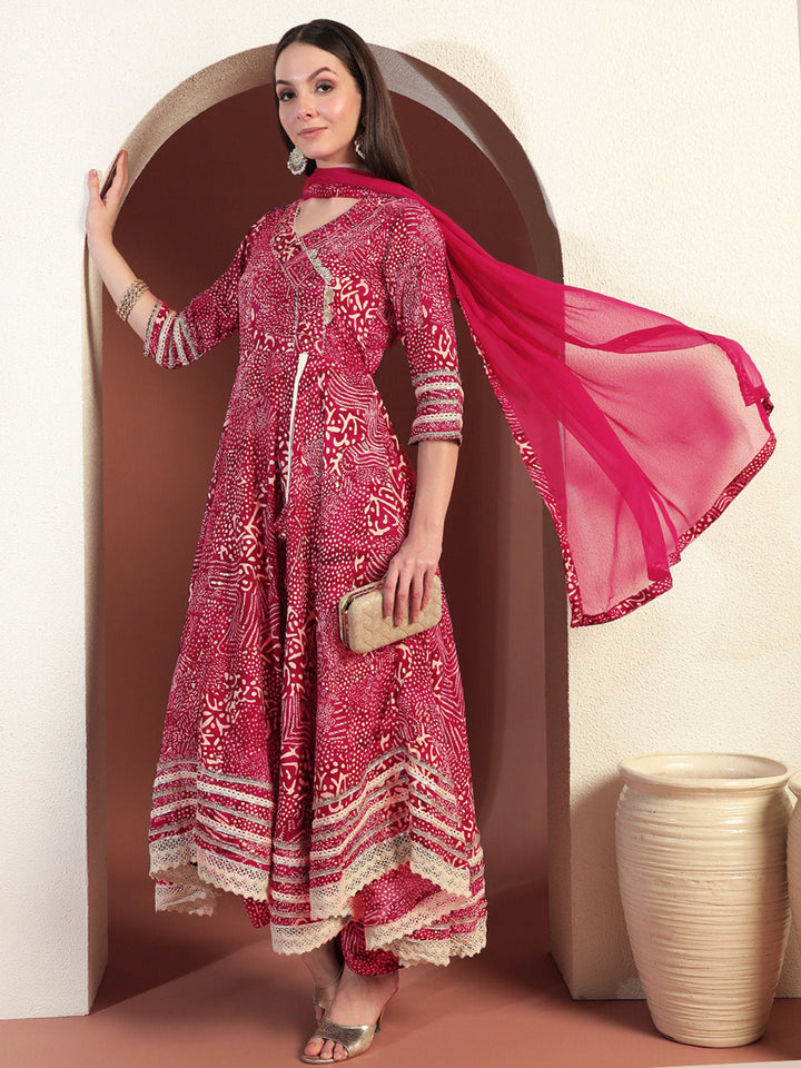 Bandhej Print Gota Patti Embellished Angrakha Flared Suit with Schiffli Embroidery Laces