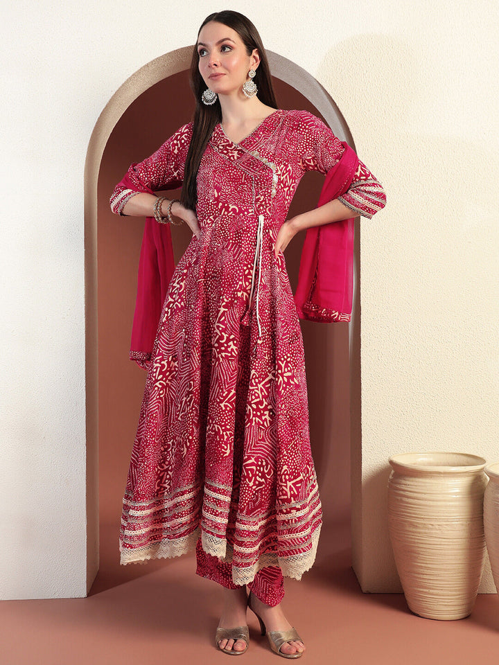 Bandhej Print Gota Patti Embellished Angrakha Flared Suit with Schiffli Embroidery Laces