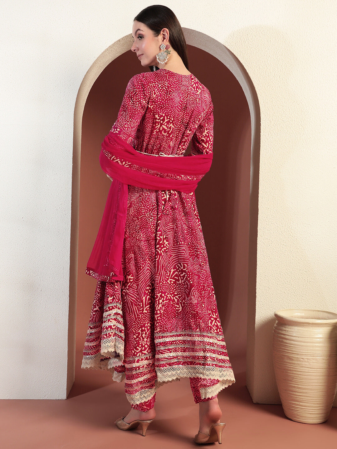 Bandhej Print Gota Patti Embellished Angrakha Flared Suit with Schiffli Embroidery Laces