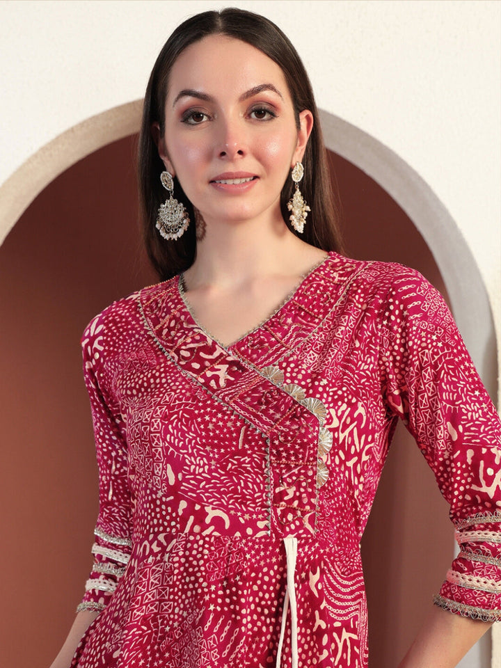 Bandhej Print Gota Patti Embellished Angrakha Flared Suit with Schiffli Embroidery Laces