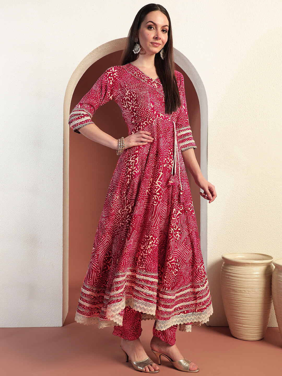 Bandhej Print Gota Patti Embellished Angrakha Flared Suit with Schiffli Embroidery Laces