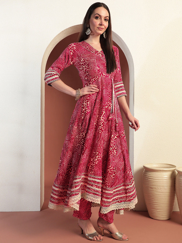 Bandhej Print Gota Patti Embellished Angrakha Flared Suit with Schiffli Embroidery Laces