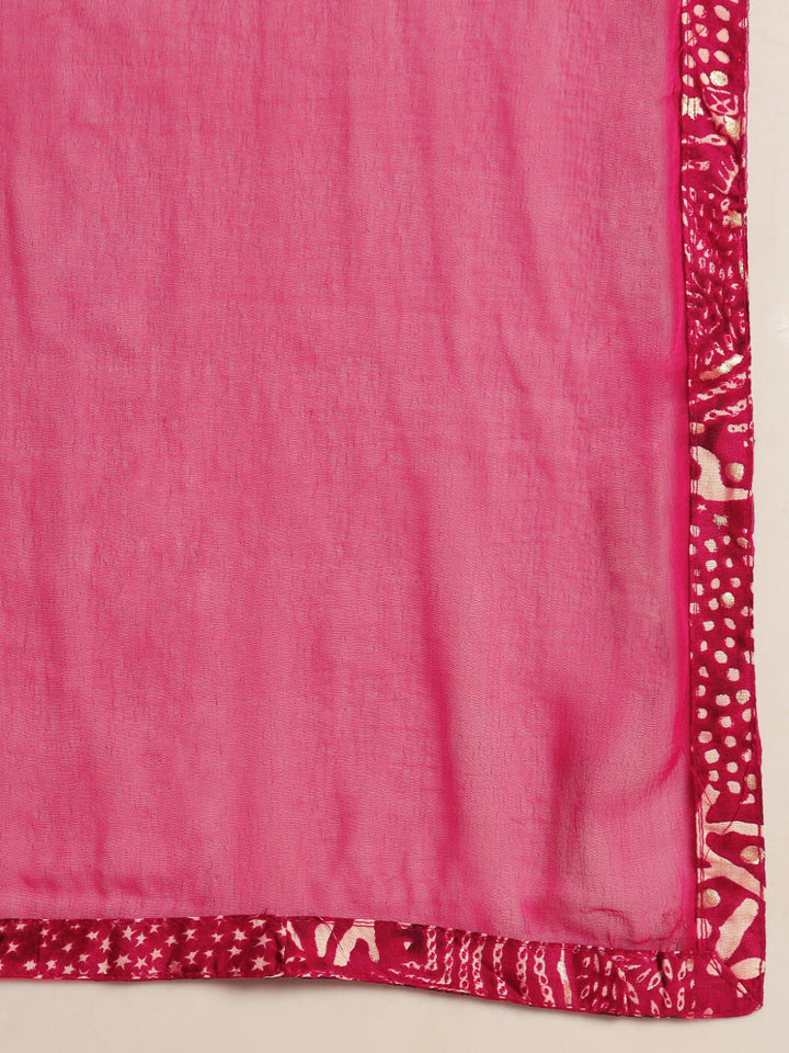 Bandhej Print Gota Patti Embellished Angrakha Flared Suit with Schiffli Embroidery Laces