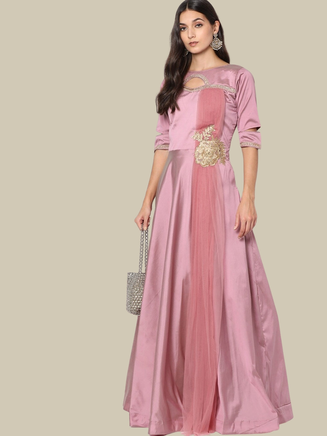 Pastel Applique Floral Embroidery Cocktail Gown with Cutouts