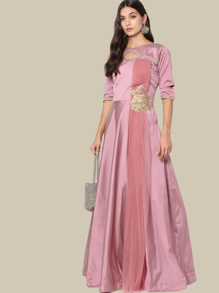 Pastel Applique Floral Embroidery Cocktail Gown with Cutouts