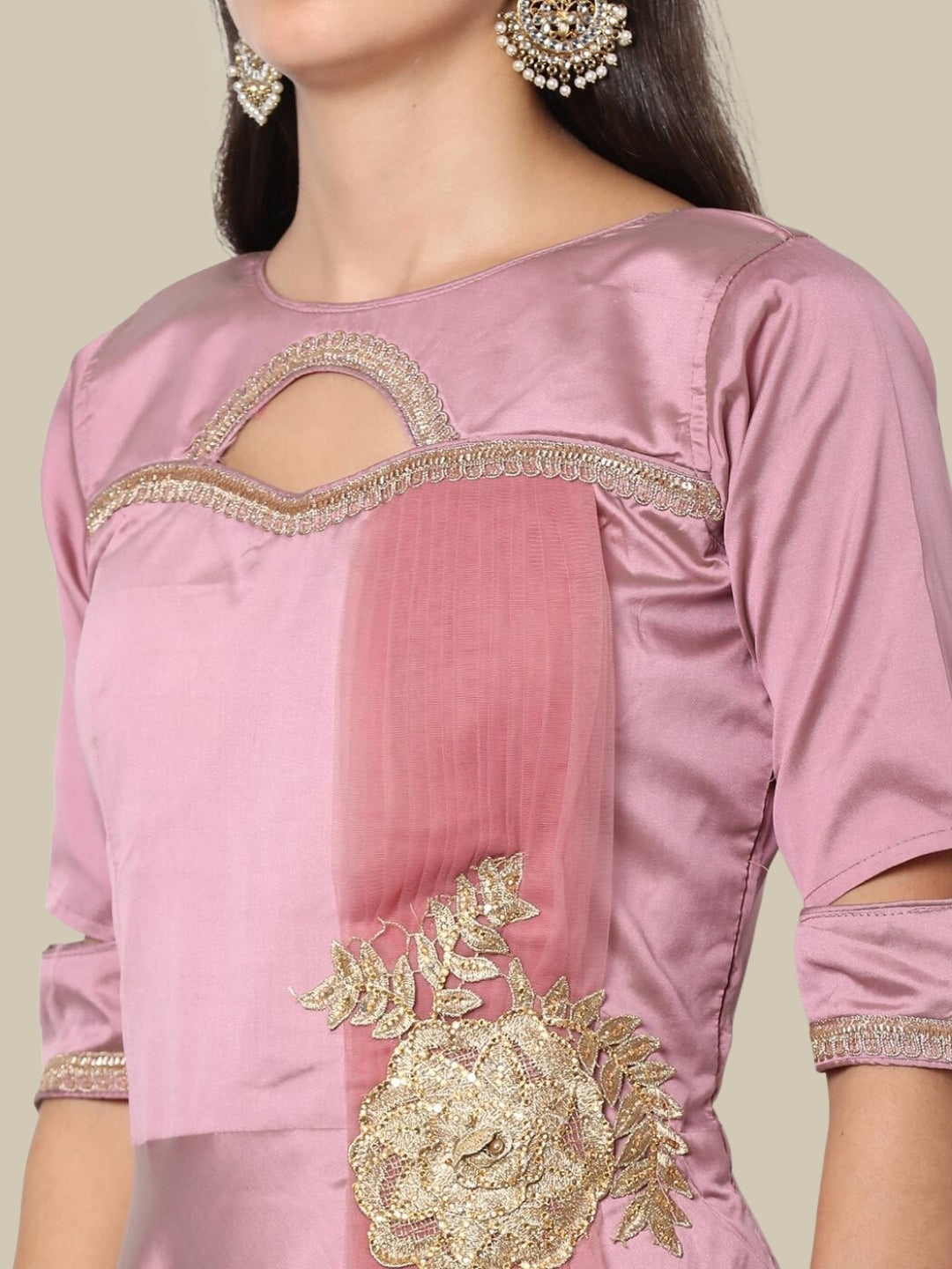 Pastel Applique Floral Embroidery Cocktail Gown with Cutouts