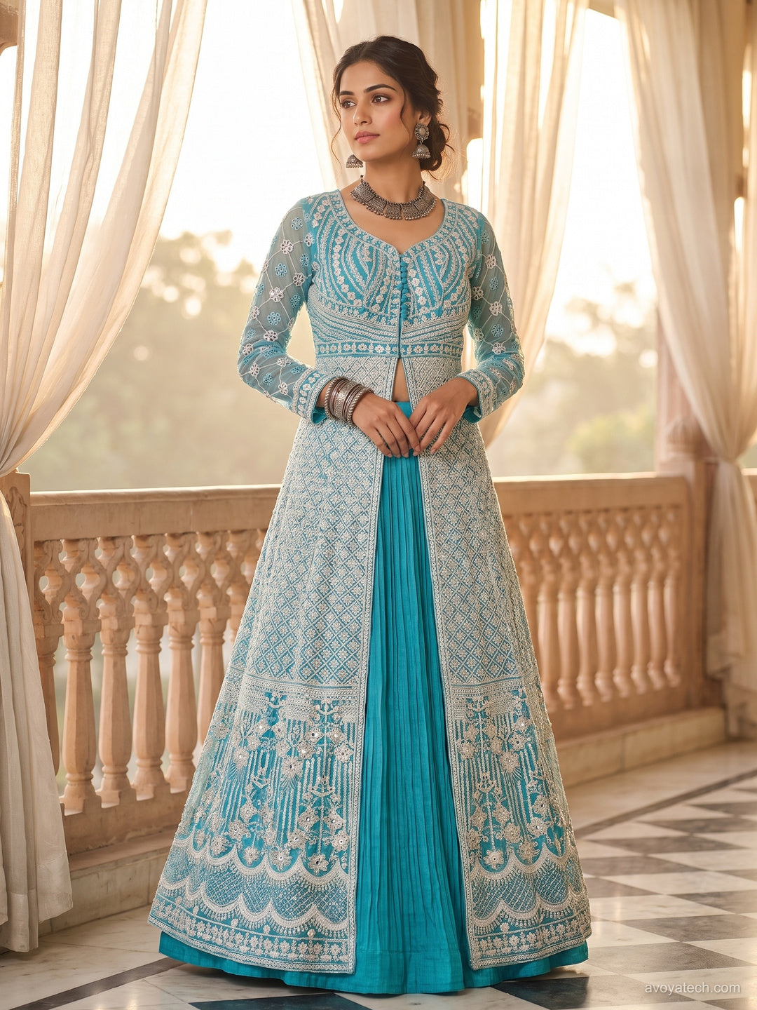 Embroidered Anarkali Suit Set with Organza Dupatta