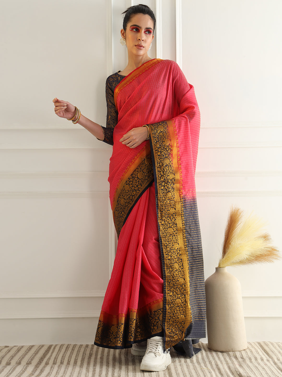 Colorblocked Banarasi Silk Saree with Zari Woven Floral Motifs Border